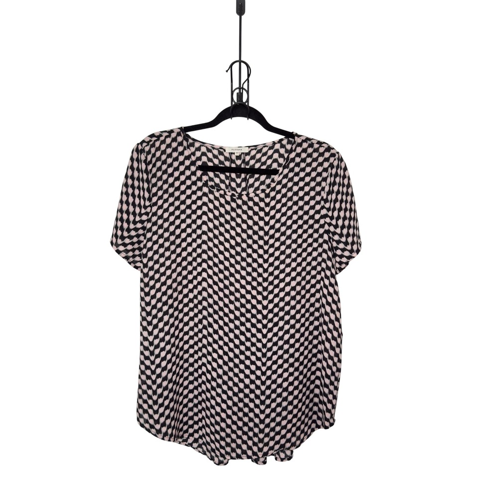 Pleione Large Short Sleeve High Low Pink Black Gray Geometric Print‎ Blouse